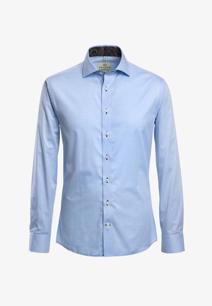 Soehest sinine pika varrukaga särk, mis on valmistatud sileda kangaga, koos mustrilise krae voodriga ja nööbiga sulgemisega ümarate äärtega.