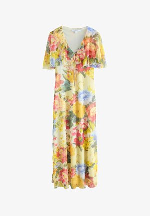 Floral maxi-jurk van een lichtgewicht, doorschijnende stof. Kleuren zijn geel, roze, blauw en groen. V-hals met strikdetail en cape-mouwen.