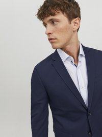 Blazer bleu marine avec coupe ajustée, fermeture à un bouton et revers crantés, porté sur une chemise rayée bleu clair. Tissu lisse et texturé.