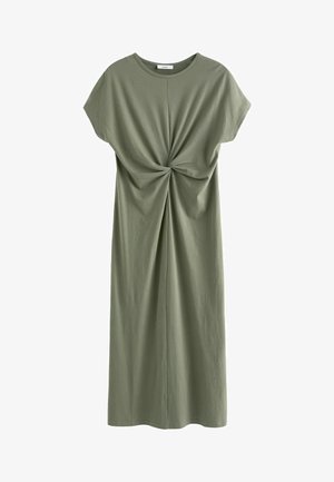 Olijfgroene, katoenen jurk met korte mouwen en een gedraaide stofdetail aan de voorkant, met een losse, A-lijn pasvorm die onder de knieën valt.