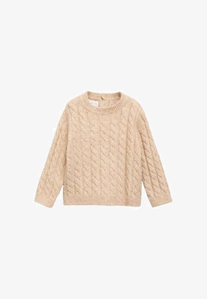 Helles beigefarbenes Strickpullover mit rundem Ausschnitt und langen Ärmeln. Die Textur weist erhabene, ineinandergreifende Muster auf, die ein gemütliches Erscheinungsbild schaffen.