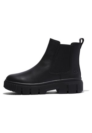 Sort læder Chelsea-støvle med elastiske sidepaneler, træk-øgle bagpå, tyk slidstærk sål og Timberland-logo på hælen.