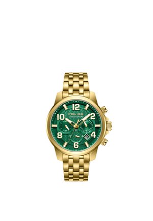 Gold metal wristwatch with green face, white numbers, three subdials, date display, and chronograph buttons on the right side.