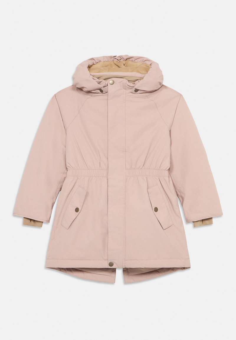 Veste parka rose clair avec capuche, taille élastique, deux poches latérales et doublure intérieure douce. Présente des boutons-pression et une coupe droite.