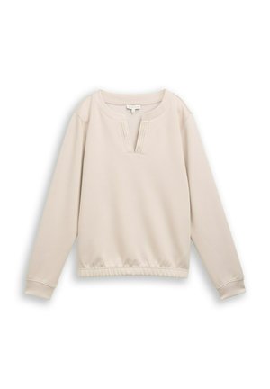 Lichtbeige pullovertrui met lange mouwen, een ronde halslijn en een voorklep met decoratieve stiknaden; geribde zoom.