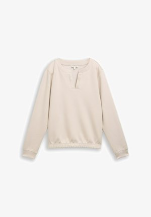 Lichtbeige pullovertrui met lange mouwen, een ronde halslijn en een voorklep met decoratieve stiknaden; geribde zoom.