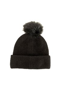 Beanie invernale nero lavorato a maglia con risvolto e pompon soffice sulla parte superiore, su sfondo bianco.