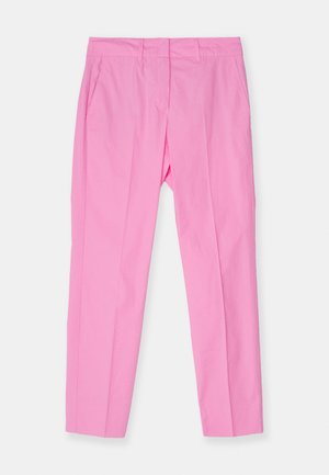 Pantaloni rosa realizzati in tessuto leggero, con una texture liscia, vestibilità dritta, tasche laterali e linee pulite.