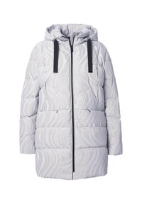 Chaqueta de plumas gris con una textura ondulada, cierre con cremallera en la parte delantera, capucha ajustable y cordones negros. Cuenta con bolsillos laterales y un corte relajado.