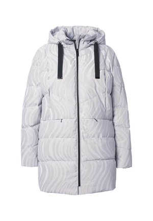 Graue Pufferjacke mit gewellter Textur, Reißverschluss vorne, verstellbare Kapuze und schwarzen Kordeln. Verfügt über seitliche Taschen und eine entspannte Passform.