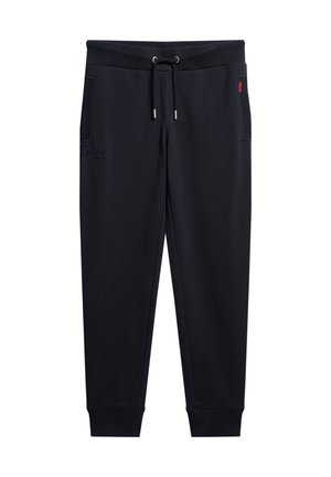 Pantaloni da jogging blu navy in morbido tessuto strutturato con vita elasticizzata, cordoncino e tasche laterali. Presenta un logo sulla coscia.
