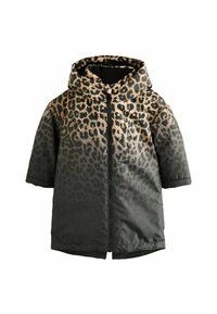 Puffy-Jacke im Leopardenmuster mit einem schwarz-beigen Design, Reißverschluss, Kapuze und kurzen Ärmeln sowie einer glatten, glänzenden Textur.