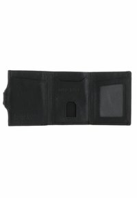 Portefeuille en cuir noir avec une finition texturée, comportant plusieurs emplacements pour cartes, une fenêtre pour pièce d'identité transparente et un design compact et pliable.