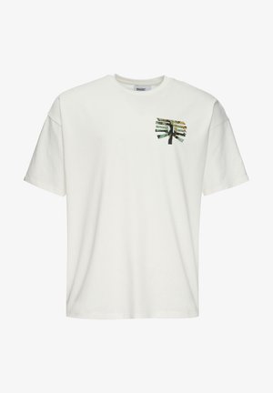 Maglietta bianca in cotone con un piccolo design grafico multicolore nella zona sinistra del petto. Maniche corte e vestibilità comoda.