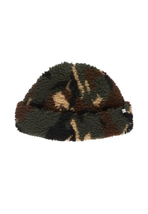 Bob en polaire douce avec un motif camouflage vert, marron, noir et beige et un petit logo DC sur le bord.