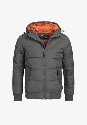 Gray puffer jacket with an orange interior, zip front, ribbed cuffs and hem, and side pockets. Features horizontal quilted pattern.