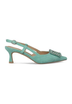 Tacones slingback en verde menta con punta afilada, material de ante, acentos decorativos de gemas y un tacón de kitten de 2,5 pulgadas.