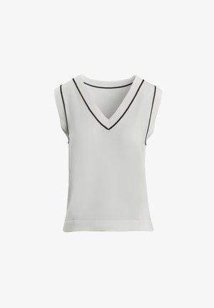 Sleeveless V-neck top in light gray fabric, featuring black trim along the neckline and armholes. Smooth texture with a relaxed fit.