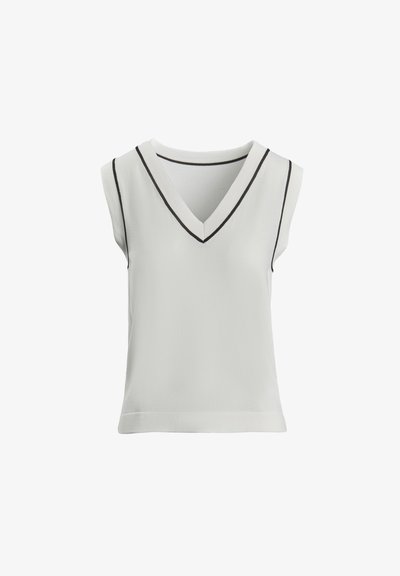 Ujjatlan, V nyakú felső világosszürke anyagból, fekete díszítéssel a nyakkivágásnál és a karöltőkön. Sima tapintású, laza szabású.