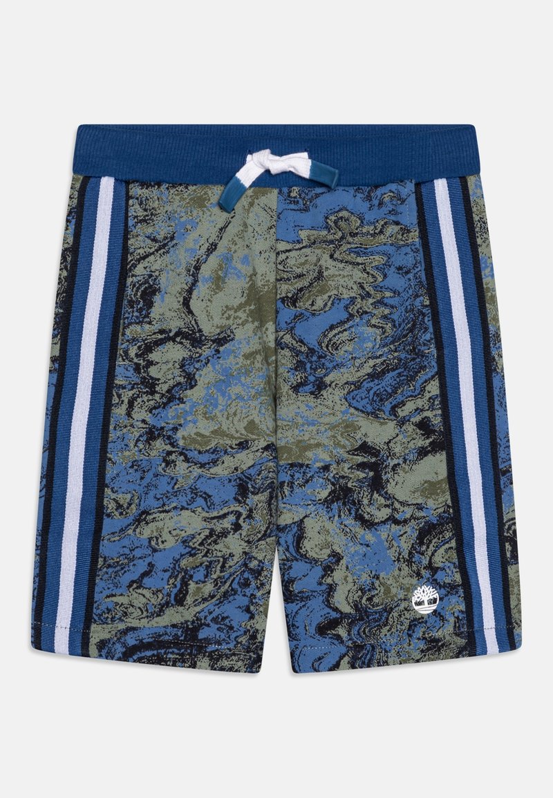 Blå och gröna marmor shorts med en blå midja, vit snörning, sidostråkar i blått, marinblått och vitt, samt en liten vit träd-logotyp.