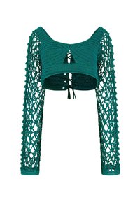 Gehaakte top in diep teal, met lange opengehaakte mouwen, een sleutelgaatje aan de voorkant en een aansluitende silhouet met strikjes aan de achterkant.
