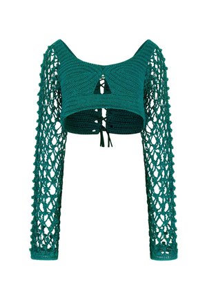 Gehaakte top in diep teal, met lange opengehaakte mouwen, een sleutelgaatje aan de voorkant en een aansluitende silhouet met strikjes aan de achterkant.
