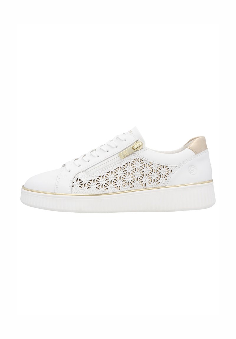 Weißer Sneaker mit einem perforierten Blumenmuster an der Seite, goldenen Akzenten, weißer strukturierten Sohle und traditionellem Schnürverschluss.