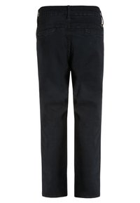 Pantalones de algodón negros con diseño de pierna recta, que cuentan con un estilo clásico de cinco bolsillos, cierre de botón y detalles sutiles de costura.