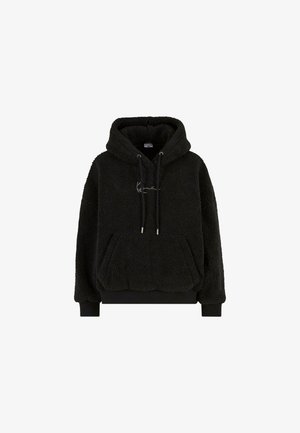 Must tume hoodiga pullover, mis on valmistatud tekstuursetest fliisidest, esitaskuga, nööriga ja ribidega mansettidega. Ees on brodeeritud logo.
