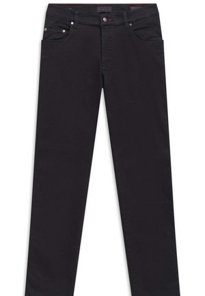 Schwarze Denim-Hosen mit klassischer Passform, geraden Beinen und fünf Taschen-Design, ausgestattet mit Metallbeschlägen und einem dezenten Markenlabel am Bund.