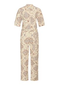 Light beige jumpsuit with a patterned design in earthy reds and blues. Features a collar, short sleeves, and a front zipper.