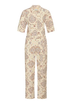 Light beige jumpsuit with a patterned design in earthy reds and blues. Features a collar, short sleeves, and a front zipper.