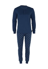 Maglietta a maniche lunghe blu navy con tre bottoni al colletto. Pantaloni del pigiama abbinati con un motivo azzurro su uno sfondo blu navy.