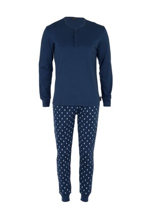 Maglietta a maniche lunghe blu navy con tre bottoni al colletto. Pantaloni del pigiama abbinati con un motivo azzurro su uno sfondo blu navy.