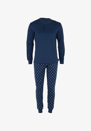 Maglietta a maniche lunghe blu navy con tre bottoni al colletto. Pantaloni del pigiama abbinati con un motivo azzurro su uno sfondo blu navy.