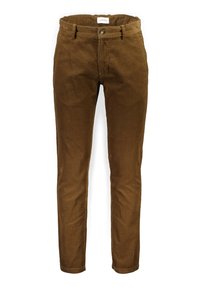 Pantalon en velours côtelé marron coupe slim avec fermeture à boutons et zip, passants de ceinture et poches latérales, présenté de face sur fond blanc.