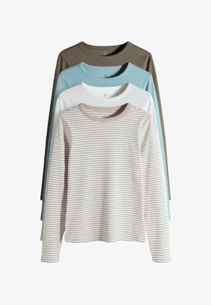 Four long-sleeve shirts stacked. Colors: brown, light blue, white, and striped beige/white. Material appears soft with a ribbed texture.