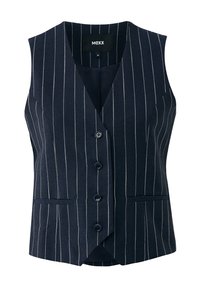 Granatowa kamizelka w prążki z dekoltem w serek, pięcioma czarnymi guzikami i dwoma przednimi kieszeniami. Materiał jest gładki, dobrze dopasowany. Widoczna metka marki.
