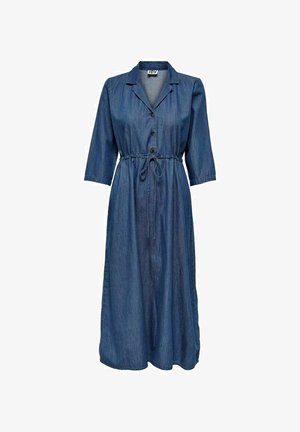 Denimmekko, jossa on kauluksellinen pääntie, edessä napitus ja kolmanneksen hihat. Ominaisuuksiin kuuluu kireä vyötärö ja valuva hame.