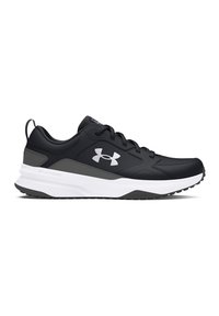 Zapatillas deportivas negras con parte superior sintética lisa, acentos grises, entresuela blanca y suela de goma texturizada con un diseño clásico de cordones.