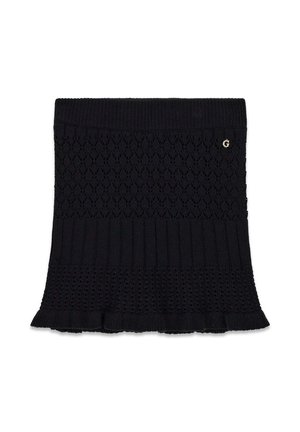 Jupe noire tricotée avec des motifs côte et dentelle, avec un petit détail métallique "G" près du bord supérieur.