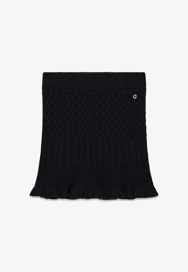 Jupe noire tricotée avec des motifs côte et dentelle, avec un petit détail métallique "G" près du bord supérieur.