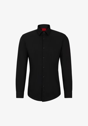 Black long-sleeve shirt with a button-up front, classic collar, and rounded hem; features black buttons and a red logo inside the collar.