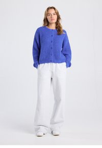 Blue ribbed knit cardigan with button closure, paired with gray wide-leg sweatpants. Clean design, textured fabric, relaxed fit.