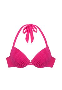 Rožinė maudymosi liemenėlė su tekstūruotu audiniu, formuotais puodeliais ir kaklo ryšiu. Yra raukšlėtos detalės ir plačios šoninės panelės.