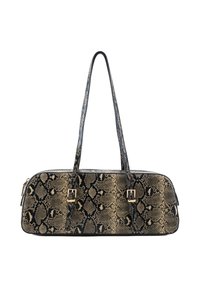 Handtasche mit Schlangenhautmuster in Beige und Schwarz; verfügt über eine rechteckige Form, zwei schwarze Griffe und goldfarbene Hardware-Akzente.