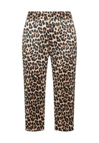 Šortky s leopardím vzorem a elastickým pasem, s ribbovanou texturou. Barevné provedení zahrnuje béžovou, hnědou a černou, s délkou ke kolenům.