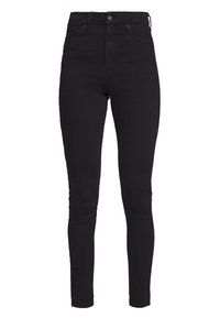 Jeans negros de tiro alto hechos de denim elástico, con un ajuste ceñido, cinco bolsillos y un clásico cierre de botón y cremallera.