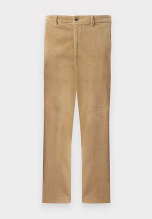 Pantalones de pana color caqui con corte recto, que presentan un sutil canalé vertical, cierre de botón y trabillas para el cinturón estándar.