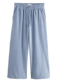 Pantalon large bleu clair en tissu doux. Dispose d'une ceinture élastique avec un cordon de serrage, deux poches latérales et une texture lisse.